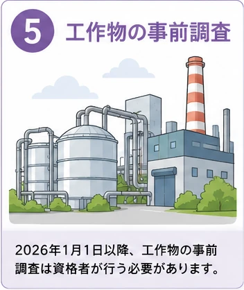 工場とプラント設備で工作物の石綿事前調査を示すイラスト