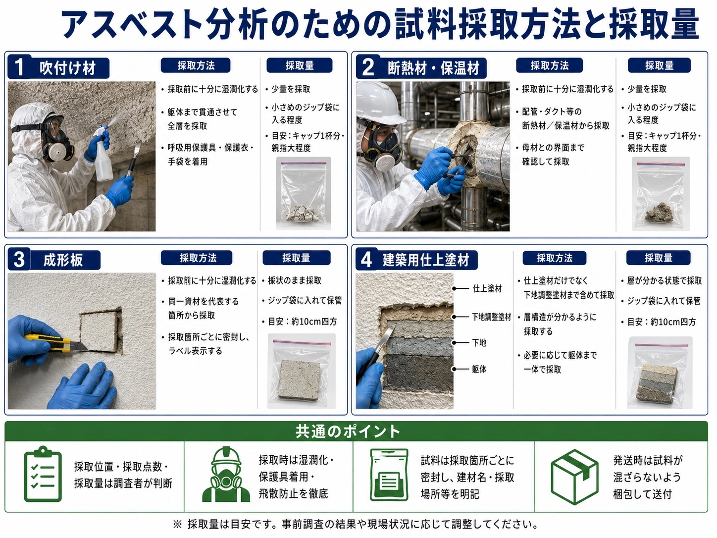 アスベスト分析用の試料採取と梱包方法