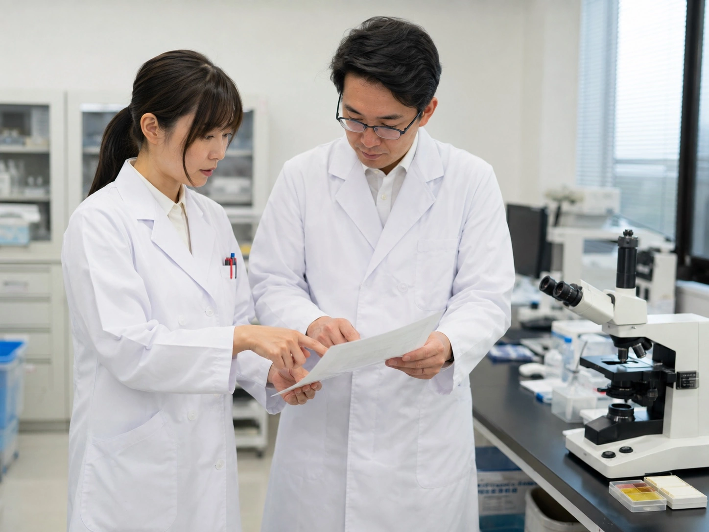 複数の分析者がアスベスト分析結果をクロスチェックする様子
