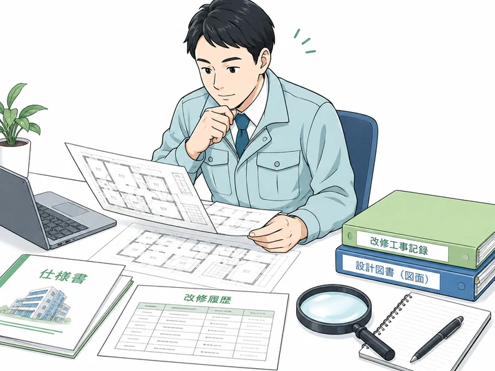 設計図書、仕様書、改修履歴を確認するアスベスト事前調査者