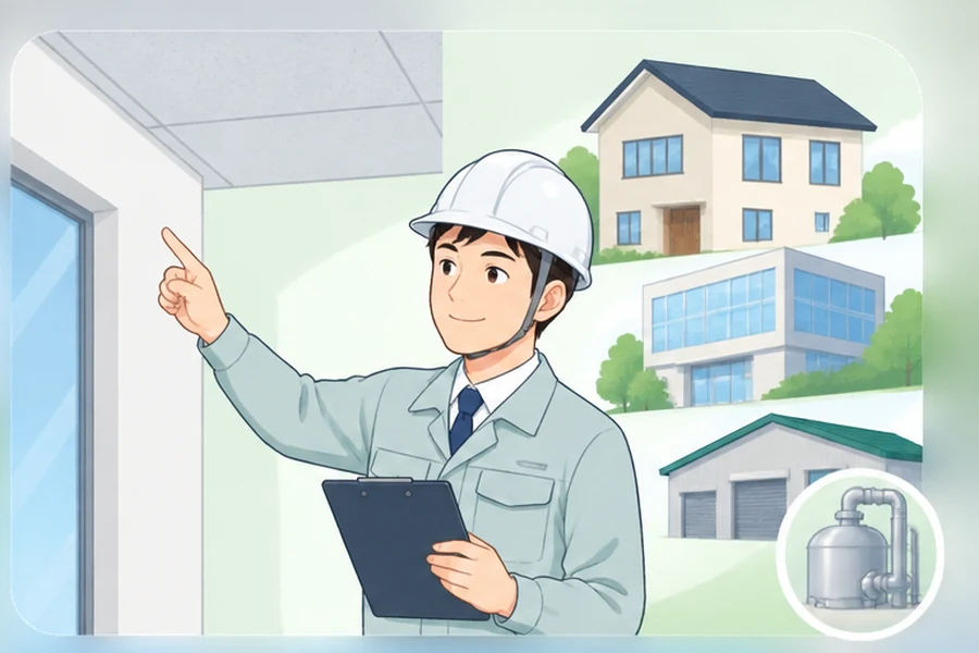 建築物の壁や天井を確認するアスベスト調査員のイラスト