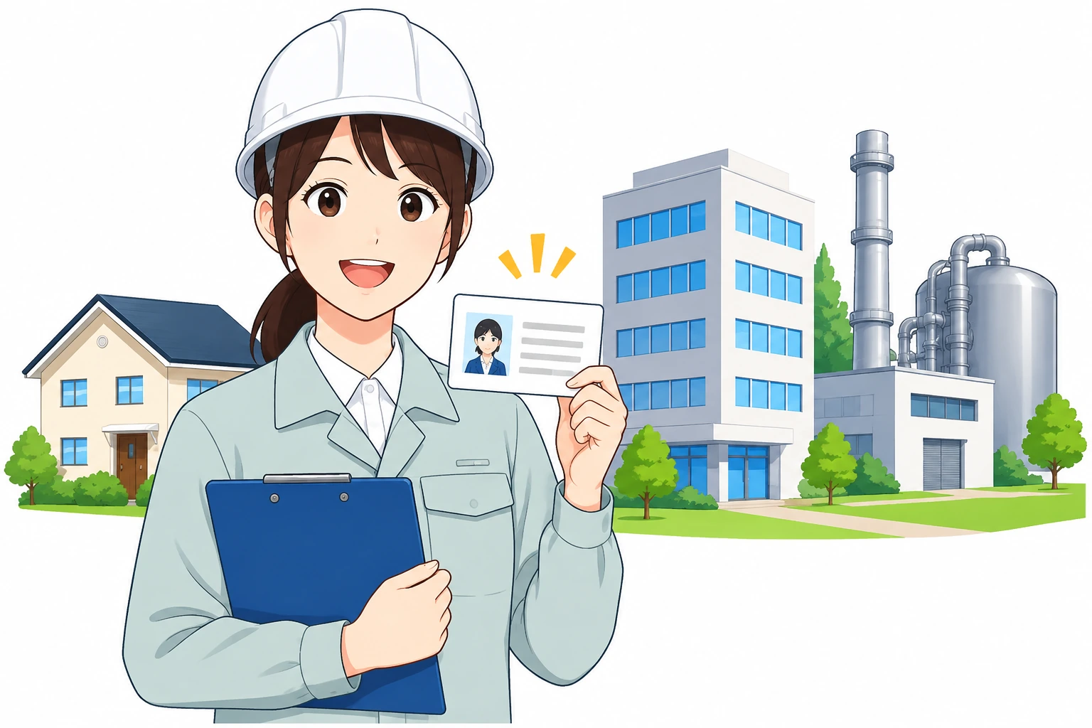 アスベスト事前調査の資格証を持つ女性調査員のイラスト
